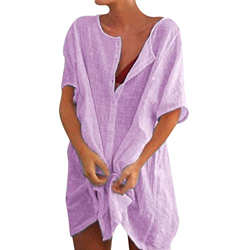 Damen Strandkleid Bikini Cover Up mit Rund Ausschnitt Knopfleiste Kurzarm Beach Strandponcho Pareos Sommerkleid Locker Bademode Strandtunika Vertuschen Shirt für Urlaub (Lila, XXL) von Generic