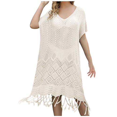 Damen Strandkleid Strick mit Quasten Strandtunika V Ausschnitt Kurz Sommer Strandponcho Bikini Cover Up von Generic