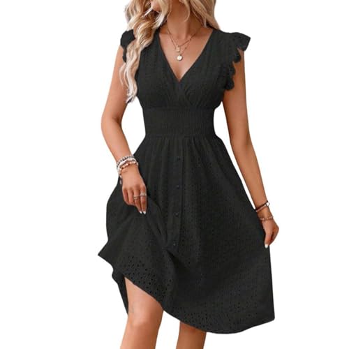 Damen Strandkleider 5 Style Kleider Ballkleider lang Einfarbig Spitze Hohl V-Ausschnitt Rüschen Kurze Ärmel Mini Kleid Summer(Schwarz, M) von Generic