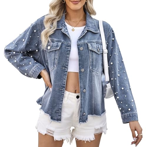 Damen Strass Jeansjacke Oversize Perlen Bestickt Cropped Langarm Bule Jeansjacke mit Tasche, Blau, XL von Generic