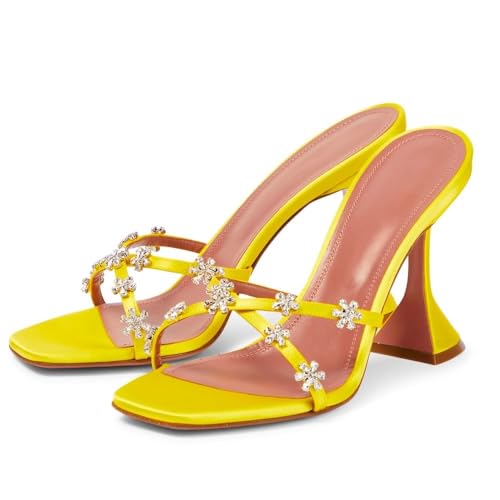 Damen Strass Strap High Heel Mode Quadrat Open Toe Slip On Kitten Absatz Sandalen Sommer Party Hochzeit Ball Kleid Schuhe(Gelb,41) von Generic
