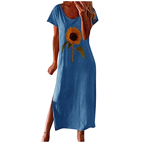 Damen Streifen Maxikleid Kurzarm V-Ausschnitt Sommer Maxi Kleid, Lockeres Freizeitkleid Lässiges, Lange Strandkleid Sommerkleid Strand Split Loose Bohemian Ärmellos Blumendruck Lange (Blue #1, M) von Generic