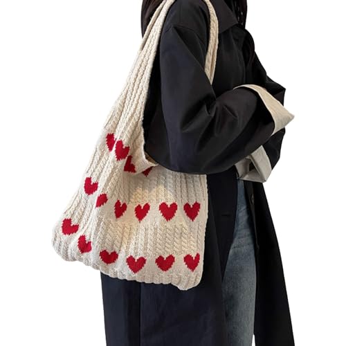 Damen Strick-Einkaufstasche, gehäkelte Umhängetasche, Liebes-Herz-Muster, Handtaschen, alltägliche Stricktasche Business Taschen Damen Laptop (Beige, One Size) von Generic