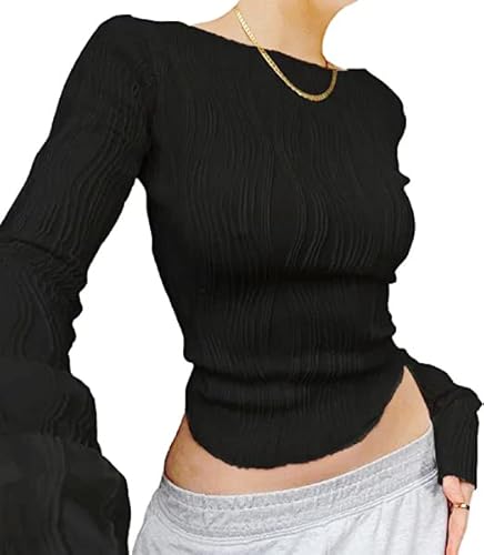 Damen Strick Langarm Crop T-Shirt Bauchfrei Oberteile Rundhalsausschnitt Langarmshirt Cropped Tops Pullover Casual Sexy Textur Tops Slim Langarm Shirts von Generic