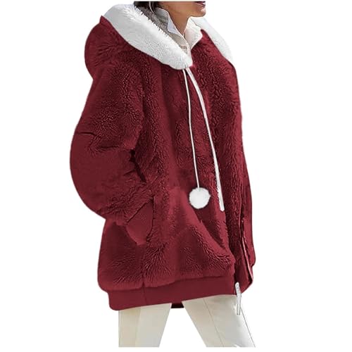 Damen Strickfleecejacke Winter Fleecejacke mit Kapuzen Reißverschluss Winterjacke Klassische Einfarbig Plüschjacke Teddy Mantel Warm Kapuzenjacke,Rot,XXL von Generic