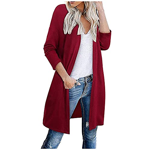 Damen-Strickjacke, für den Alltag, dünn, robust, leicht, lang, offen, vorne offen, Büro, Mäntel, Fleece, Damenmantel, rot, 42 von Generic