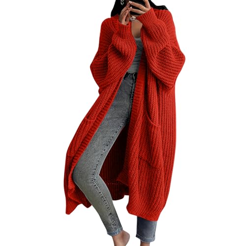 Damen Strickjacke Damen Cardigan Lang Strickjacke Offene Front Oversize mit Taschen Herbst Winter Casual Dicke Grobstrick Pullover L Red von Generic