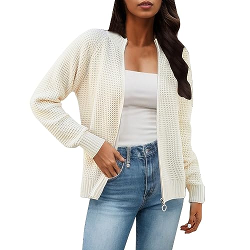 Damen Strickjacke Langarm Offene Strickmantel mit Reißverschluss Stretchy Cardigan Herbstjacke Elegant Leichte Strickjacken Kurz Ärmel V-Ausschnitt Knopf Strick Bolero Pullover (Beige, L) von Generic