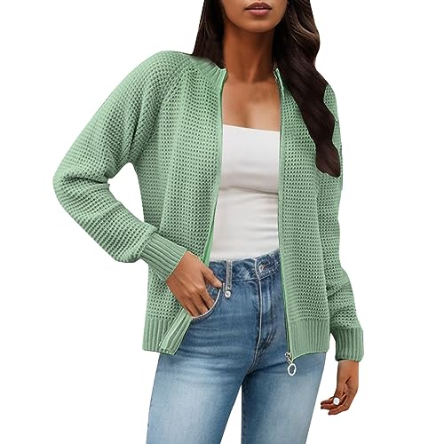 Damen Strickjacke Langarm Offene Strickmantel mit Reißverschluss Stretchy Cardigan Herbstjacke Elegant Leichte Strickjacken Kurz Ärmel V-Ausschnitt Knopf Strick Bolero Pullover (Green, L) von Generic