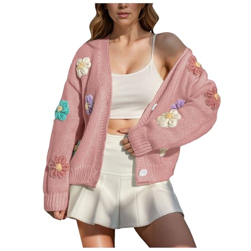 Damen Strickjacke Lange Ärmel Strickpullover mit Knopfleiste Kurz Gestrickt Pullover Warm Bequem Flauschig Plüschjacke Outdoor Freizeit Blumen Pullover (M) von Generic