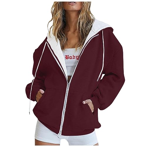 Damen Strickjacke Sommer,Sweatjacke Damen Mit Kapuze,Damen Sweatjacke Hoodie Sweatshirtjacke Pullover Oberteile Kapuzenpullover Einfarbig Full Zip Casual Hoodie Sweatshirt,Rot,L von Generic