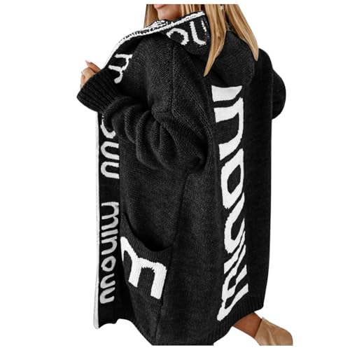 Damen Strickjacke mit Kapuze Lang Grobstrick Cardigan Langarm Open Front Long Sweater Herbst Winter Casual Strickjacken Strickmantel Longstrickjacke Pullover mit Taschen von Generic