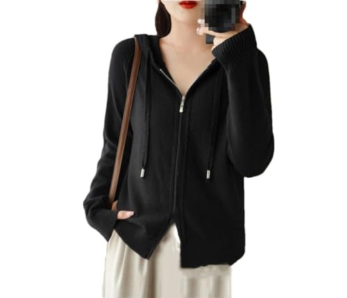 Damen Strickjacke mit Kapuze, modisch, locker, lässiger Kaschmir-Pullover, verdickter Mantel, Schwarz , S von Generic