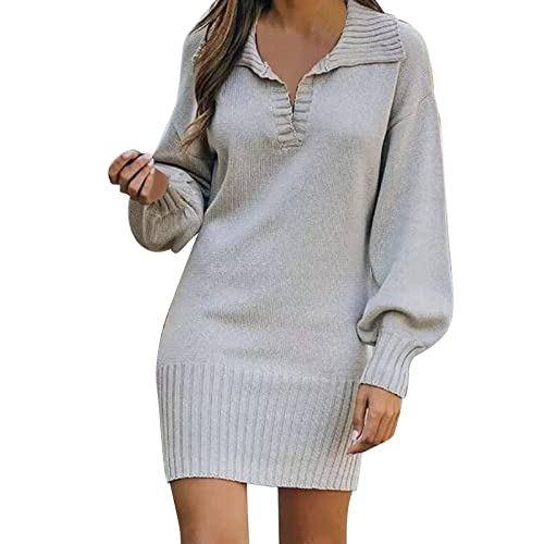 Damen Strickkleid Große Größen V-Ausschnitt Winterkleid Strickkleid Oversize Baumwolle A-Linie Wolle Langarm Pullikleid Elegant Pulloverkleid von Generic