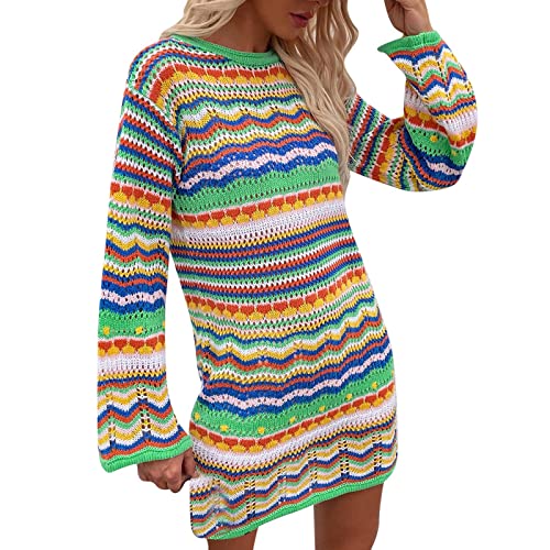 Damen Strickkleid Langarm Rundhals Pullover Oberteil Mini Strickrock Farbblock Streifen Herbst Strick Kleid Tunika Pulloverkleid Frauen Strick Minikleid Retro Elegant Wickelkleid von Generic