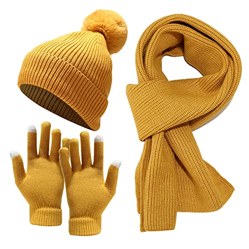 Damen Strickmütze Hut Schal Set Warme Strickmütze Beanie Pom Hut Schal Fäustlinge Set 3-teilig Kalter Winter Passendes Geschenkset für Frauen Mädchen von Generic