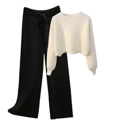 Damen Strickpullover + Hose mit weitem Bein für Herbst und Winter, elegant, warm, gestrickt, Wollhose Sets, weiß/schwarz, 46 von Generic