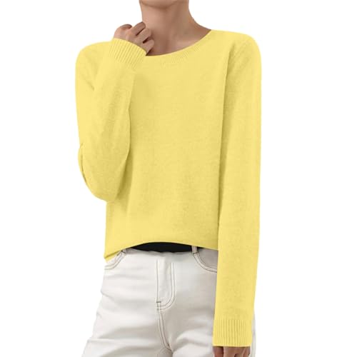 Damen Strickpullover Basic Langarmshirt Kaschmir Pullover Rundhals Leicht Gestrickte Pulli Dünn Winter Sweater Warm Winterpullover Elegantes Strickwaren Tops Gelb M von Generic