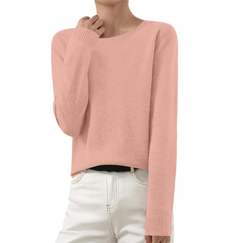 Damen Strickpullover Basic Langarmshirt Kaschmir Pullover Rundhals Leicht Gestrickte Pulli Dünn Winter Sweater Warm Winterpullover Elegantes Strickwaren Tops Rosea Gold L von Generic