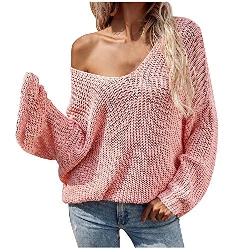 Damen Strickpullover Elegant Pullover Pullover Farbe Top Pullover Soild Lose Ärmel Knopf V-Ausschnitt Kurzer Pullover Langer Damenpullover Grobstrick Pulli Herbst Winter Oberteile Tops (Pink, M) von Generic