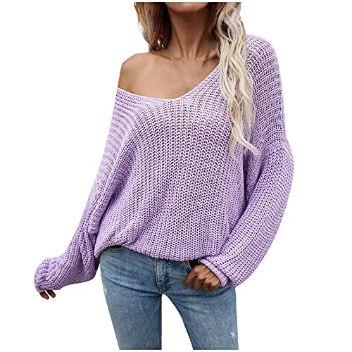 Damen Strickpullover Elegant Pullover Pullover Farbe Top Pullover Soild Lose Ärmel Knopf V-Ausschnitt Kurzer Pullover Langer Damenpullover Grobstrick Pulli Herbst Winter Oberteile Tops (Purple, M) von Generic