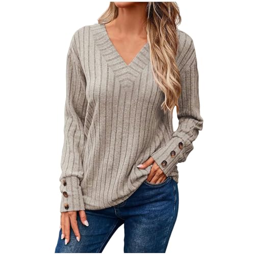 Damen Strickpullover Elegant Pullover V-Ausschnitt Herbst Häkelpullover Langarm Fashion Striken Pulli Einfarbig Lässige Oberteile von Generic
