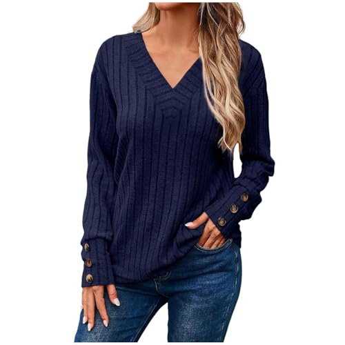 Damen Strickpullover Elegant Pullover V-Ausschnitt Herbst Häkelpullover Langarm Fashion Striken Pulli Einfarbig Lässige Oberteile von Generic