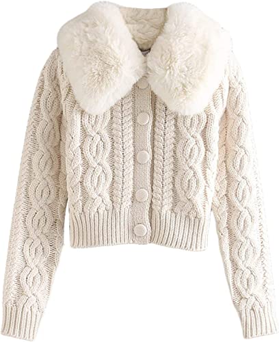 Damen Strickpullover Mit Fell Einreiher Einfacher Stil Pelzkragen Warme Strickjacke Flauschiger Pelzmantel Strickpullover Schlanke Bluse Streetwear (Color : APRICOT, Einheitsgröße : S) von Generic