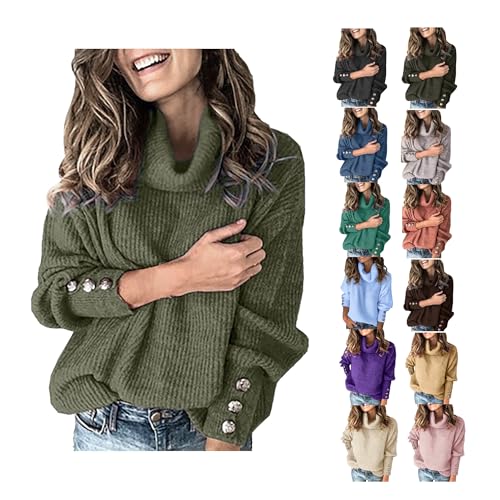 Damen Strickpullover Rollkragen Pullover Winter Langarm Lose Casual Warm Gestrickt Shirts Oversize Elegant Grobstrickpullover Strickpulli mit Metallknöpfen Armeegrün L von Generic