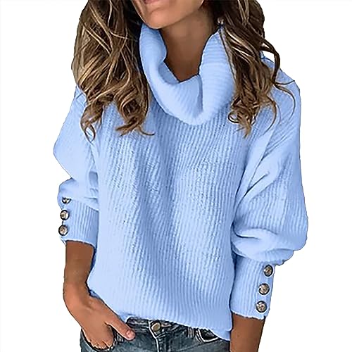 Damen Strickpullover Rollkragen Pullover Winter Langarm Lose Casual Warm Gestrickt Shirts Oversize Elegant Grobstrickpullover Strickpulli mit Metallknöpfen Blau L von Generic