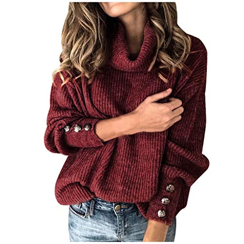 Damen Strickpullover Rollkragen Pullover Winter Langarm Lose Casual Warm Gestrickt Shirts Oversize Elegant Grobstrickpullover Strickpulli mit Metallknöpfen Rot XL von Generic