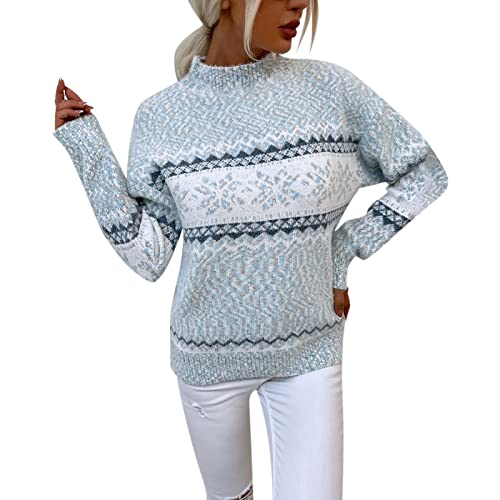 Damen Strickpullover Weihnachtsschneeflocke Weihnachten Pullover Rollkragen Vintage Holiday Strickpullover Rundhals Sweatshirt Langarm Oberteile Norweger Druck Shirt Autumn Winter Pulli (Blue, L) von Generic
