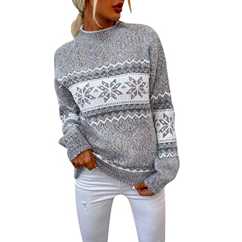 Damen Strickpullover Weihnachtsschneeflocke Weihnachten Pullover Rollkragen Vintage Holiday Strickpullover Rundhals Sweatshirt Langarm Oberteile Norweger Druck Shirt Autumn Winter Pulli (Grey, L) von Generic