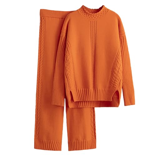 Damen Strickset Winter Strick - Hausanzug Mit Hose Und Oberteil Einfarbig Strickpullover Elastische Taille Palazzohose Gerippt Strickset Langärmelige Freizeitanzug Locker Jogginganzug von Generic