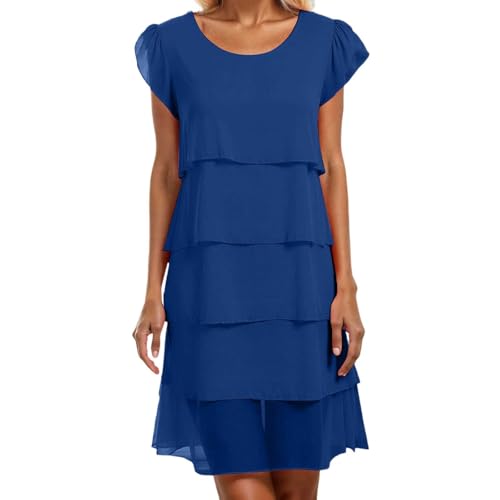 Damen Stufen Chiffonkleid Faltenkleid Patchwork Sommerkleider Chiffon Rundhals Kurzärm Kleid Mode Elegant Abend Midikleid Abendkleider Partykleid von Generic