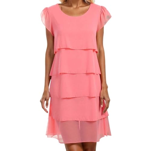 Damen Stufen Chiffonkleid Faltenkleid Patchwork Sommerkleider Chiffon Rundhals Kurzärm Kleid Mode Elegant Abend Midikleid Abendkleider Partykleid von Generic