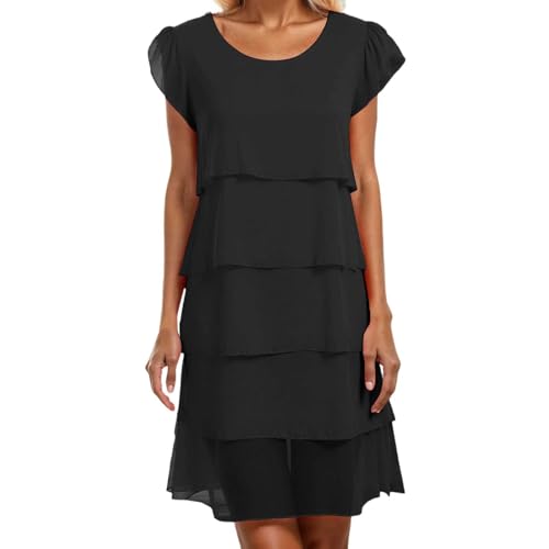 Damen Stufen Chiffonkleid Faltenkleid Patchwork Sommerkleider Chiffon Rundhals Kurzärm Kleid Mode Elegant Abend Midikleid Abendkleider Partykleid von Generic