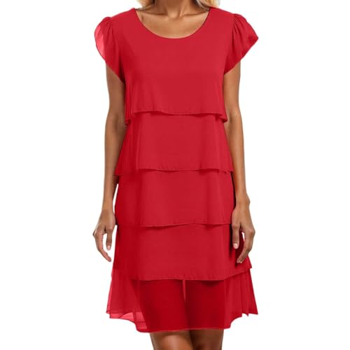 Damen Stufen Chiffonkleid Faltenkleid Patchwork Sommerkleider Chiffon Rundhals Kurzärm Kleid Mode Elegant Abend Midikleid Abendkleider Partykleid von Generic