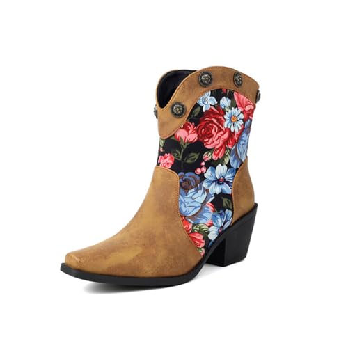 Damen Stylische Blumenprint - Cowboy - Stiefeletten Western Spitzenschuh Blockabsätze Slip on Freizeit Party Kleid Stiefeletten,Gelb,40 EU von Generic