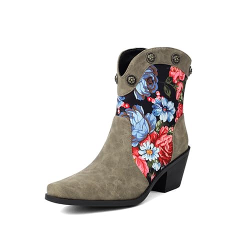 Damen Stylische Blumenprint - Cowboy - Stiefeletten Western Spitzenschuh Blockabsätze Slip on Freizeit Party Kleid Stiefeletten,Grau,41 EU Damen Stylische Blumenprint - Cowboy - Stiefeletten Western Spitzenschuh Blockabsätze Slip on Freizeit Party Kleid Stiefeletten,Grau,41 EU von Generic