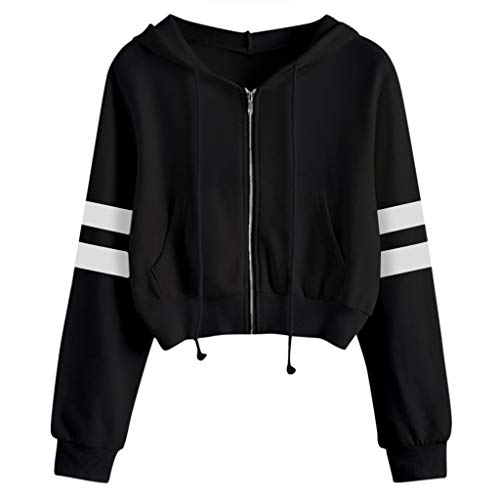 Damen Sweatjacke Bauchfrei Kapuzenpullover Langarm Kurz Hoodie Sweatshirt, Crop Pullover Kapuzenjacke Cropped Jacke mit Kordel, Damen Teenager Mädchen Bauchfrei einfarbig Sweatshirt (Z02-Black, S) von Generic