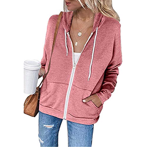 Damen Sweatjacke Hoodie Sweatshirtjacke Pullover Oberteile Kapuzenpullover Einfarbig Full Zip Casual Hoodie Sweatshirt (02 Pink, L) von Generic