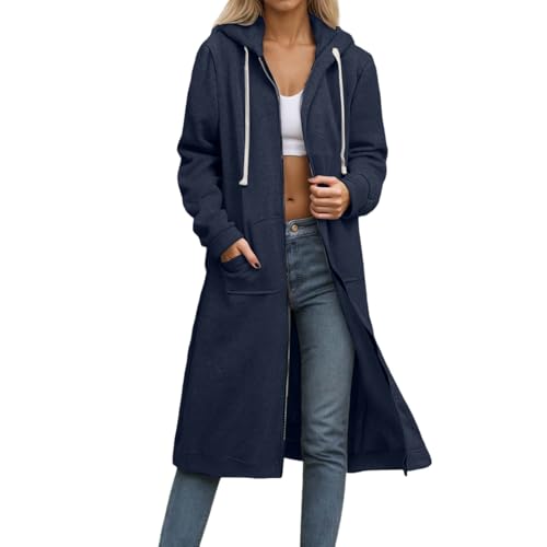 Damen Sweatjacke Lang Winterjacke mit Kapuze Hoodie Jacke Oversize Reißverschluss Kapuzenjacke Langarm Mantel Longjacke Sweatmantel Kapuzenpullover Übergangsjacke Herbstjacke mit Taschen von Generic