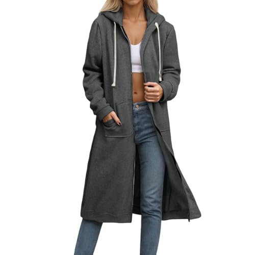 Damen Sweatjacke Lang Winterjacke mit Kapuze Hoodie Jacke Oversize Reißverschluss Kapuzenjacke Langarm Mantel Longjacke Sweatmantel Kapuzenpullover Übergangsjacke Herbstjacke mit Taschen von Generic