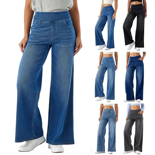 Damen-Sweatpant-Jeans, Dehnbare Baggy-Jeans für Damen, hoch taillierte, Dehnbare Jeanshose zum Überziehen mit weitem Bein und Taschen (Blue,XL) von Generic