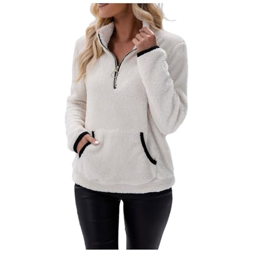Damen-Sweatshirt, halber Reißverschluss, kurzer Fleece-Viertelreißverschluss, Kapuzenpullover, Herbst-Outfits, Kleidung, Daumenloch Pullover Damen Teenager Lounge Wear (Weiß, M) von Generic