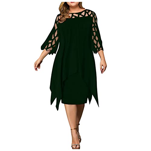 Damen Sweatshirt Langarm Tunika Kleid Pinkes Kleid Damen Elegant Chiffon 3/4 Ärmel Mesh Kleider Hohe Taille Einfarbig Cocktailkleid Ballkleider Übergröße Kleider Damen (Dark Green,4XL) von Generic