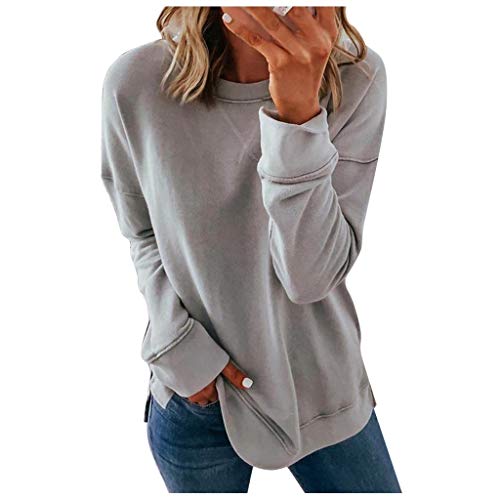 Generic Damen Sweatshirt Langarmshirt Rundhals Tops Vintage Pullover Oberteile Top Oversized Sweatshirts Langarm Lockere Passform Weich Einfarbig Pullover Winter Oberteile Grau 3XL von Generic