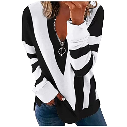 Damen Sweatshirt Pullover Langarm Farbvarianten Oversized Langarmshirt Pulli ohne Kapuze Baumwolle Basic Rundhals-Ausschnitt Sport Halber Reißverschluss Sweatshirt (01 Weiß, M) von Generic