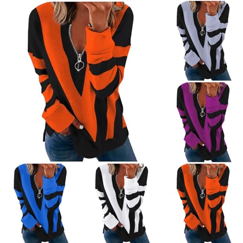 Damen Sweatshirt Pullover Langarm Farbvarianten Oversized Langarmshirt Pulli ohne Kapuze Baumwolle Basic Sport Halber Reißverschluss Sweatshirt (001 Orange, L) von Generic